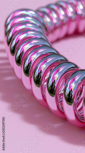 Abstract close-up of reflective metallic coils with pink chrome surfaces on a soft pastel background.