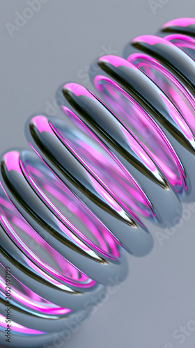 Abstract close-up of reflective metallic coils with pink chrome surfaces on a soft pastel background.