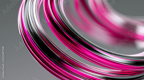 Abstract close-up of glossy pink chrome rings arranged in a spiral formation on a pastel background with reflective metallic surfaces.