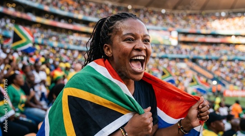 Excited South African football fan cheering with national flag wrapped around shoulders in crowded stadium during international soccer competition tournament.