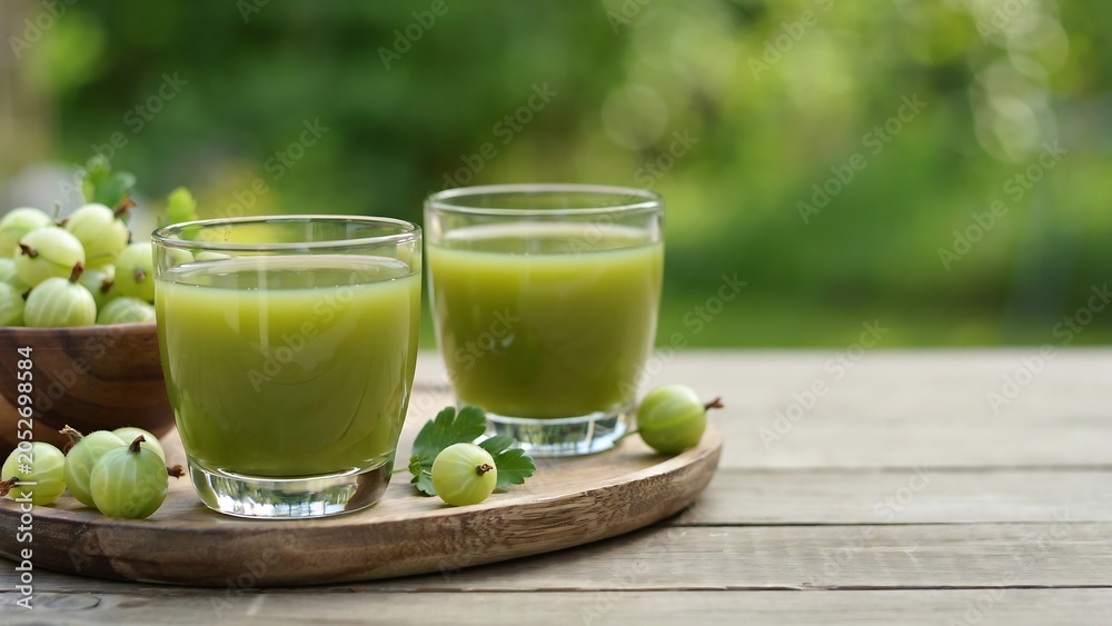 Fototapeta premium Fresh green juice, healthy drink, glass cups, wooden tray, green fruits