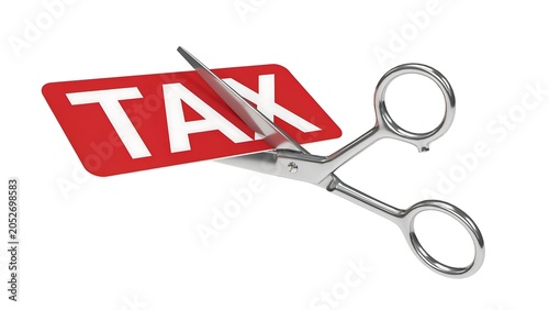 Cutting tax, scissors, red tax sign, finance concept, taxation