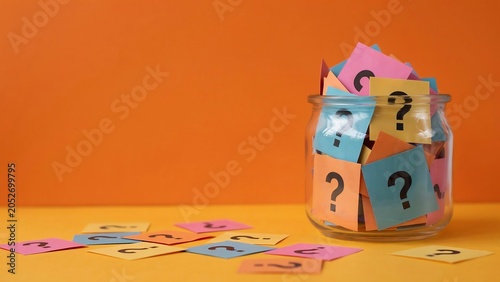 Obraz na płótnie Question mark cards, colorful query notes, problem solving concept, glass jar with sticky notes