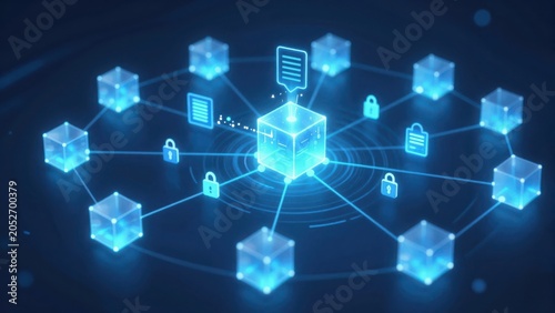 Network of connected glowing cubes with security icons