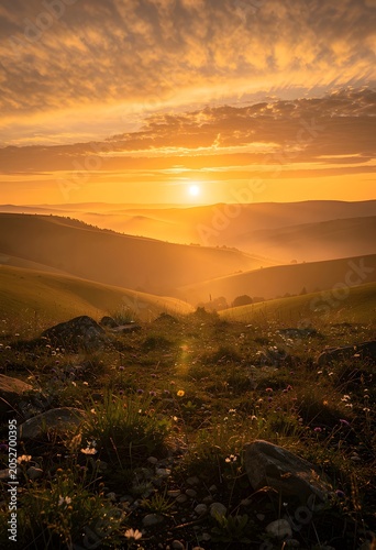 Golden Sunrise Over Rolling Green Hills and Misty Valleys with Foreground Meadow