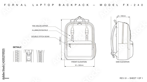 Bild auf Leinwand Technical drawing of a backpack with dimensions and product design specification