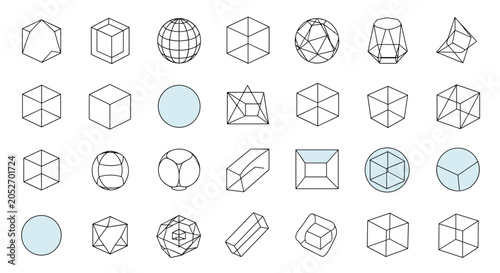 Grid of various 3D geometric wireframe shapes including cubes, spheres, and polyhedrons for mathematical or design concepts.