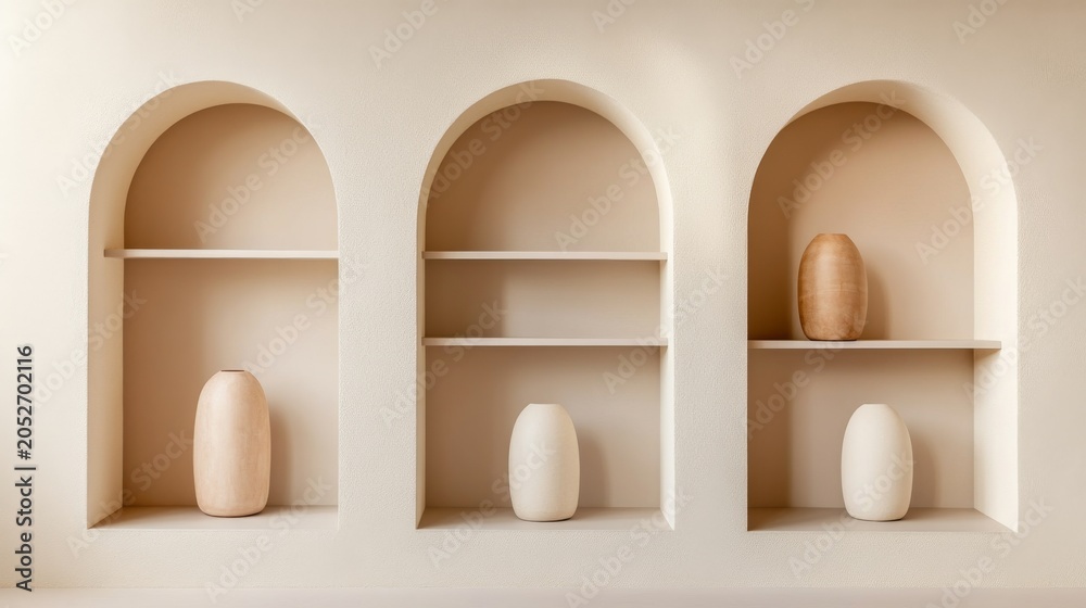 Fototapeta premium Beige Arched Wall Alcoves with Minimalist Neutral Vases Organic Wood and Ceramic Vessels on Shelves for a Serene Interior Product Display Background, Architecture, Calm