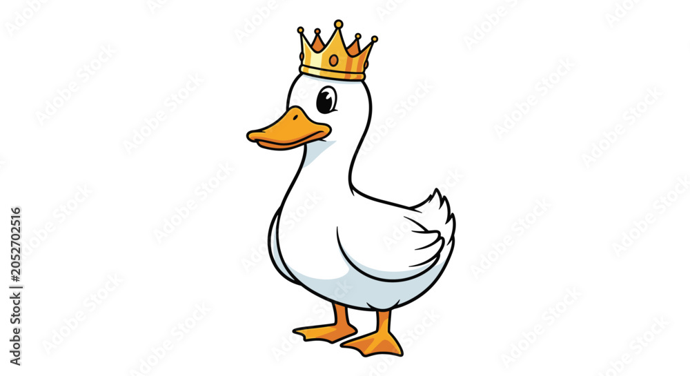 Obraz premium Cute cartoon white duck with large eyes wearing a small golden crown on its head standing against a plain white background.