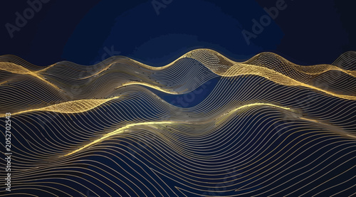 Abstract digital landscape with golden glowing wave lines on a dark blue background