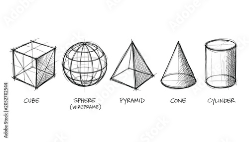 Geometric 3d shapes sketched for education and design transparent vector objects.
