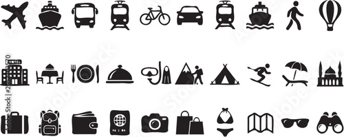 Foto Detailed collection of black travel and tourism vector icons featuring transport