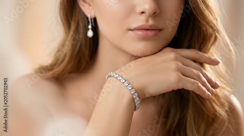 Luxury diamond bracelet and silver earrings on a young female model.