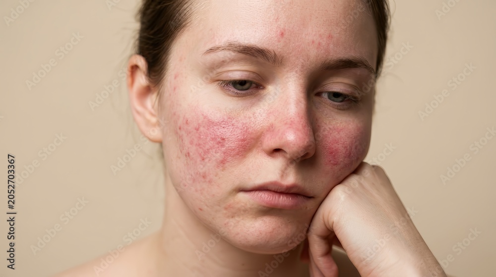 Naklejka premium Portrait of a young Caucasian woman showing pink acne and severe rosacea on her skin.