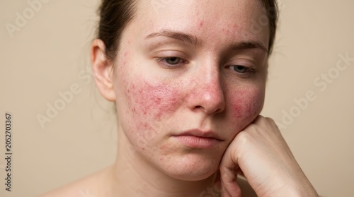 Portrait of a young Caucasian woman showing pink acne and severe rosacea on her skin.