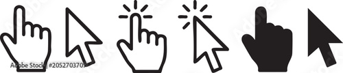 Collection of black and white computer mouse cursor vector icons featuring hand pointers and arrow shapes for digital user interfaces