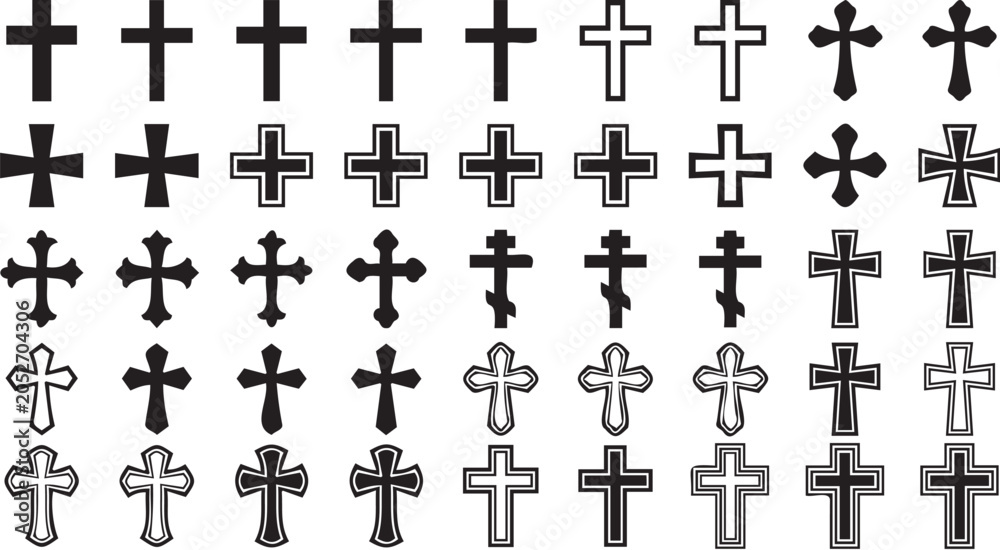 Fototapeta premium Collection of diverse christian cross vector graphic icons displaying various ornate and simple styles for religious design and digital projects