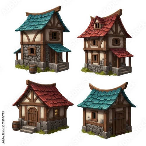 Four fantasy medieval houses with wooden walls and colorful tiled roofs