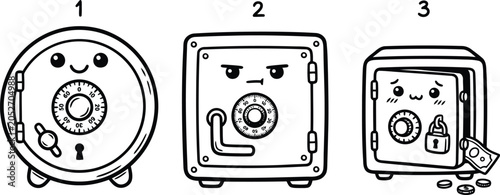 Three cartoon safes with different facial expressions