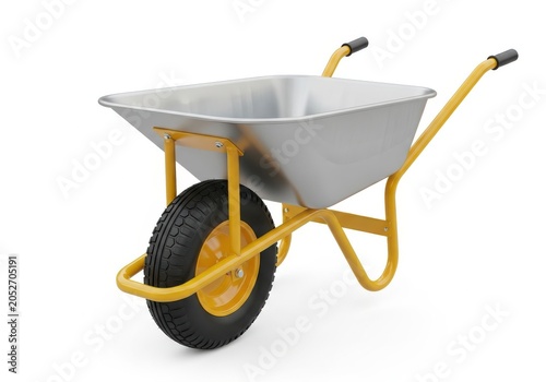 Metal wheelbarrow with yellow frame and black tire on white background