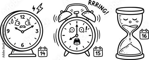 Fotografía Cartoon clocks and hourglass with stressed faces and calendar dates