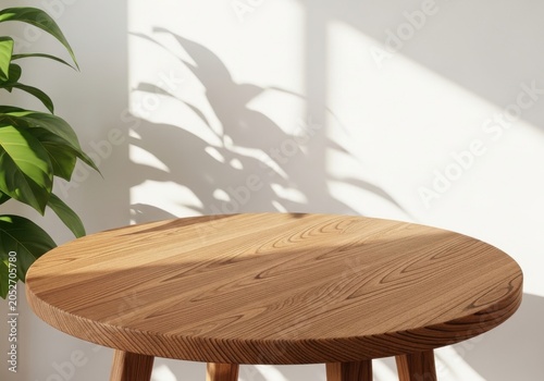 Round wooden table with green plant shadow on a white background surface