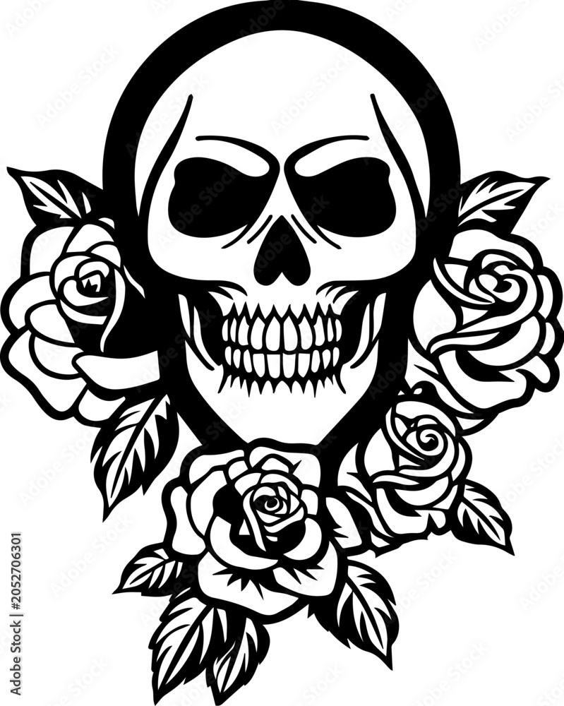 Fototapeta premium SVG vector illustration of a dark style skeleton tattoo with roses.Detailed Black and White Skull with Roses Tattoo Design Artwork