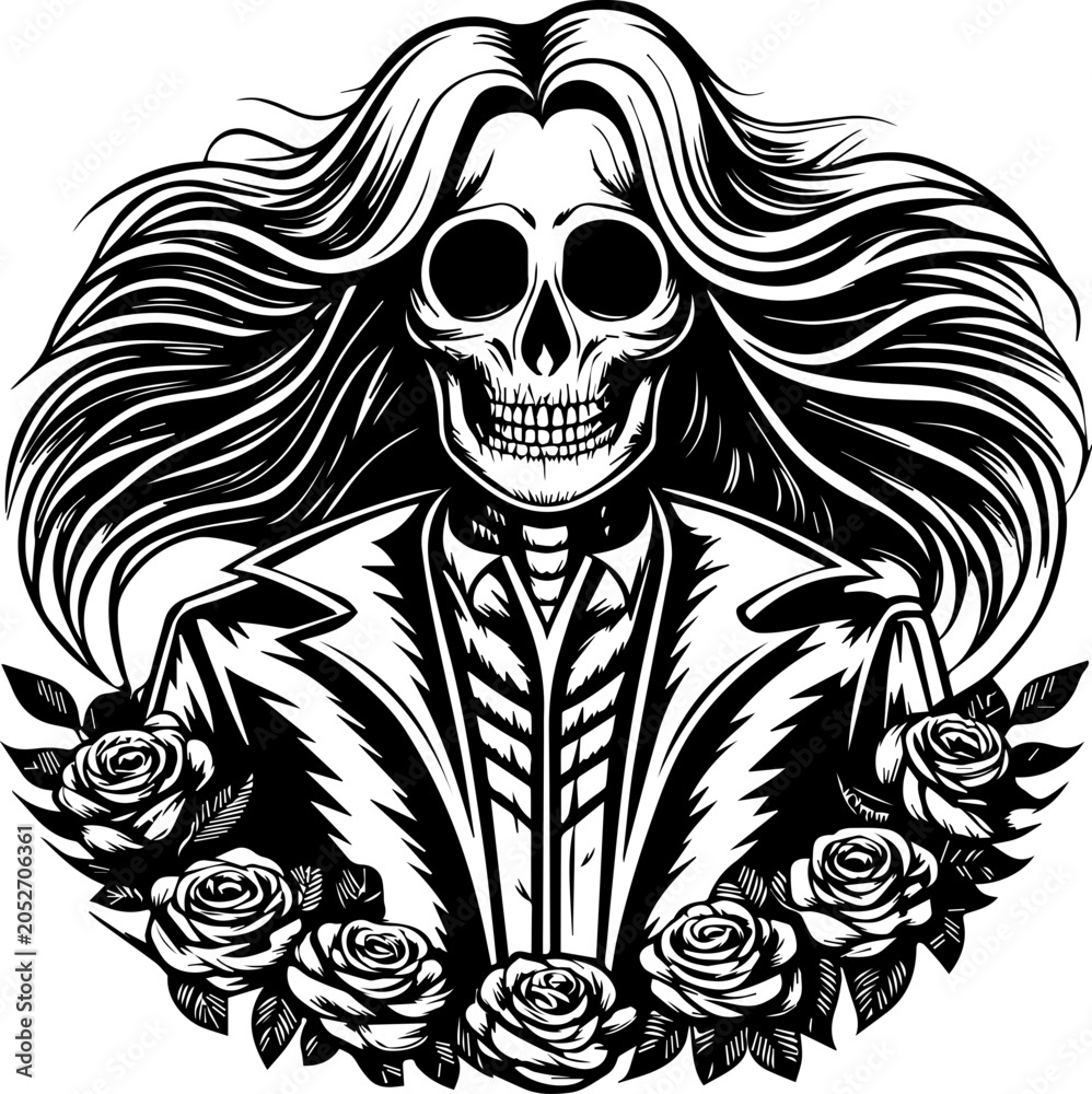 Fototapeta premium SVG vector illustration of a dark style skeleton tattoo with roses.Skull with Scythe and Rose: Gothic Art Illustration Design