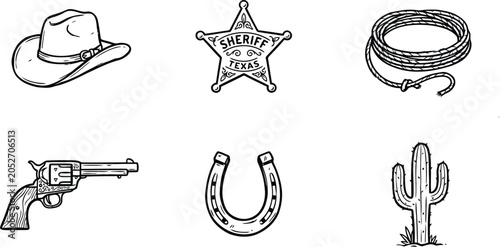 Foto Western themed icons including cowboy hat and sheriff star