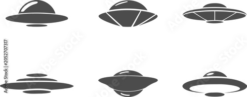 Foto A collection of six different stylized grey flying saucer icons representing ufo
