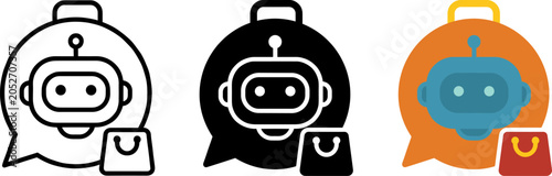 Shopping chatbot assistant icon set with robot face speech bubble and paper bag graphic elements representing automated digital customer support e commerce retail store interface communication service