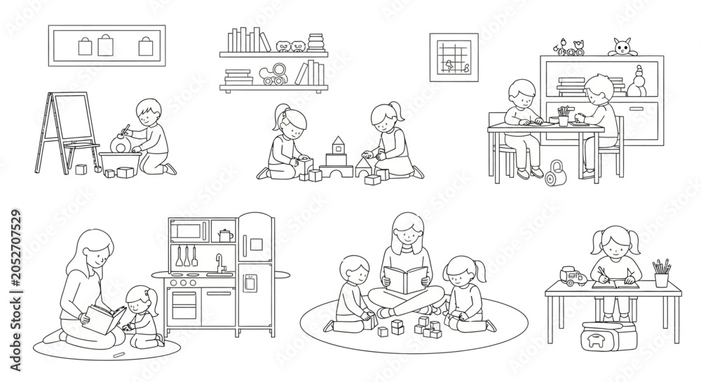 Obraz premium Children Playing and Learning Together: Drawing, Building, Reading, and Pretend Play