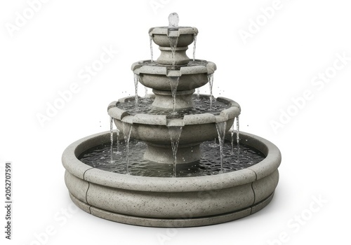 Three tiered stone garden fountain with flowing water on white background
