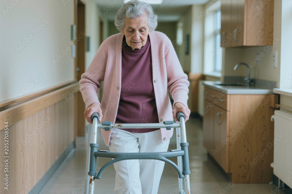 Fototapeta premium Senior Caucasian woman walking with walker in care facility corridor, showing mobility support and aging care needs. Useful for healthcare, rehabilitation, senior living marketing
