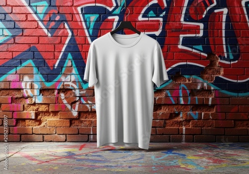 White t-shirt hanging on a hanger against a colorful graffiti brick wall