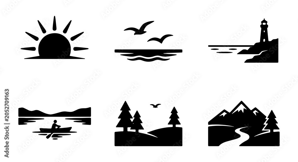 Obraz premium Minimalist Landscape Icons Set: Nature, Travel, Outdoors, Sun, Sea, Mountains, Forest