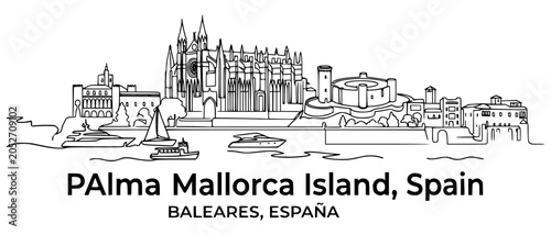 Fotografie PALMA de Mallorca Spain Skyline Line Art Vector - La Seu Cathedral and Bellver C