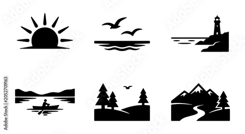 Foto Minimalist Landscape Icons Set: Nature, Travel, Outdoors, Sun, Sea, Mountains, F