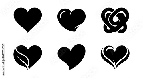 Фотография Diverse Heart Icons Set, Black Vector Graphics, Romantic Symbol Collection