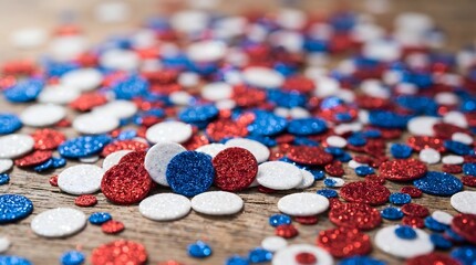 Red white and blue confetti scattered on wood for labor day celebrations and patriotic holidays