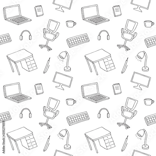 Vector Seamless Pattern with Hand Drawn Office Desks, Chairs, and Computers. Doodle Work from Home and Study Background in Sketch Style
