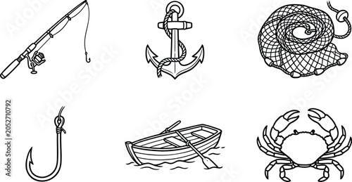 Cuadro en lienzo Black and white illustration of various fishing related objects and sea creature