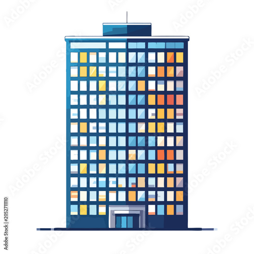 Modern blue office skyscraper building with glowing illuminated windows.