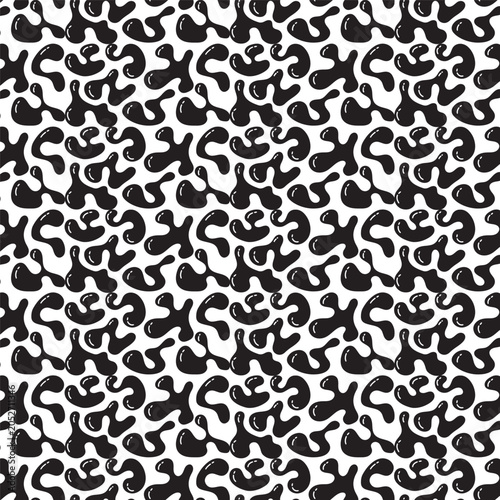 Seamless abstract pattern with glossy black liquid blobs, modern fluid doodle shapes on a white background, creative organic camo splatter texture, and repeating glossy monochrome backdrop