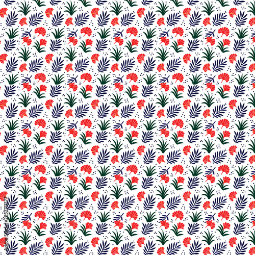 Seamless tropical botanical pattern with colorful red flowers, green jungle monstera and palm leaves, vibrant Hawaiian summer flora, and repeating vector background texture
