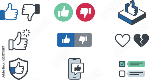 Social media thumbs up down feedback vector icon set featuring heart broken smartphone notification and shield elements