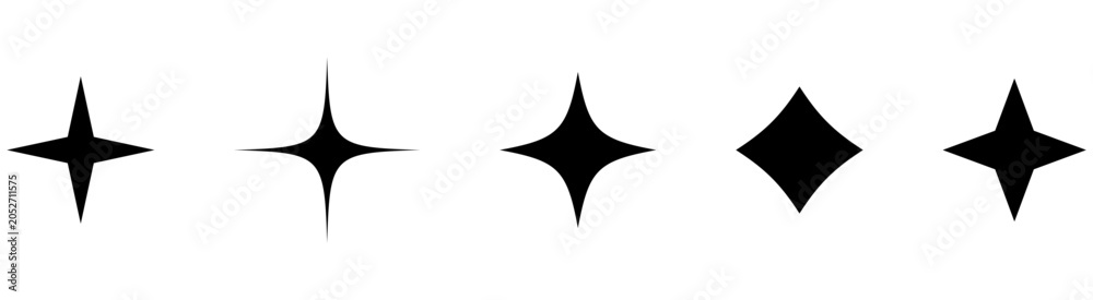 Fototapeta premium star sparkle symbol icon set featuring five black geometric variations, ideal for AI, magic, premium, highlight, and modern interface design