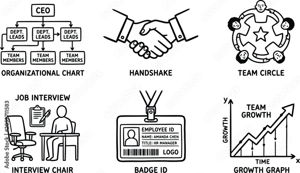Fototapeta premium Business icons including organizational chart, handshake, team circle, interview chair, badge id, and growth graph
