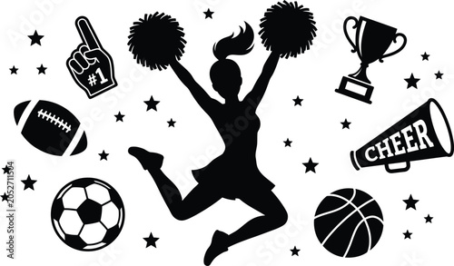 Tableau sur toile Cheerleader silhouette with sports icons