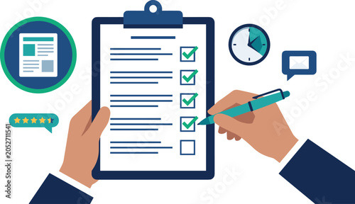 Business clipboard survey checking vector illustration featuring hands writing check marks pen clock rating stars and envelope